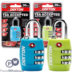 DEKTON 3 DIGIT COMBINATION TSA ACCEPTED HIGH SECURITY PADLOCK 30MM ASSORTED