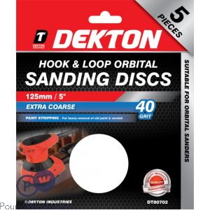 Dekton 125mm Hook & Loop Orbital 40 Grit Sanding Discs 5 Pack