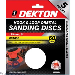 DEKTON 125MM HOOK &amp; LOOP ORBITAL SANDING DISCS 5 PACK 60 GRIT