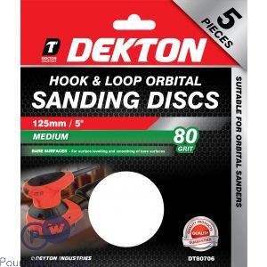 DEKTON 125MM HOOK &amp; LOOP ORBITAL SANDING DISCS 5 PACK 80 GRIT