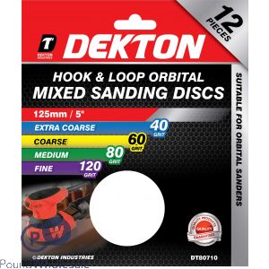 DEKTON 125MM HOOK &amp; LOOP ORBITAL MIXED SANDING DISCS 12 PACK 40/60/80/120 GRIT