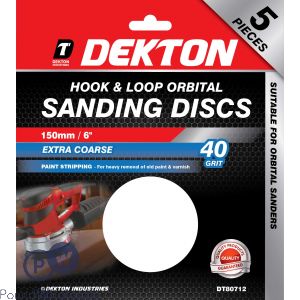 Dekton 150mm Hook & Loop 40 Grit Orbital Sanding Discs 5 Pack