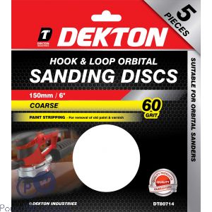 Dekton 150mm Hook & Loop Orbital Sanding Discs 5 Pack 60 Grit