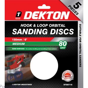 DEKTON 150MM HOOK &amp; LOOP 80 GRIT ORBITAL SANDING DISCS 5 PACK