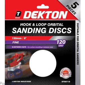 DEKTON 150MM HOOK &amp; LOOP 120 GRIT ORBITAL SANDING DISCS 5 PACK