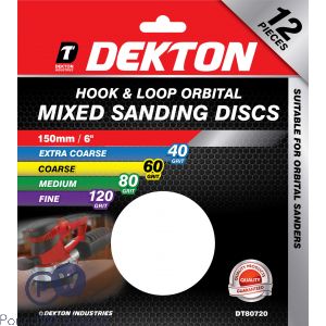 DEKTON 150MM HOOK &amp; LOOP ORBITAL 40/60/80/120 GRIT MIXED SANDING DISCS 12 PACK 