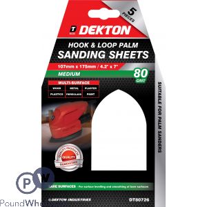 Dekton 107mm X 175mm Hook & Loop 80 Grit Palm Sanding Sheets 5 Pack