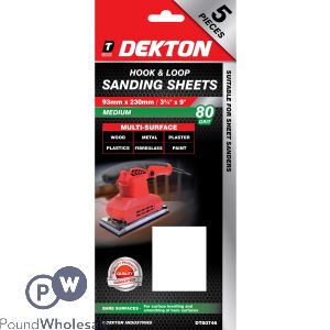 Dekton 93mm X 230mm Hook & Loop 80 Grit Sanding Sheets 5 Pack