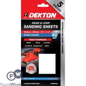 DEKTON 93MM X 185MM HOOK &amp; LOOP 40 GRIT SANDING SHEETS 5 PACK