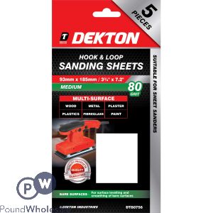 Dekton 93mm X 185mm Hook & Loop 80 Grit Sanding Sheets 5 Pack