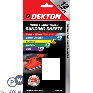 Dekton 93mm X 185mm Hook & Loop 40/60/80/120 Grit Mixed Sanding Sheets 12 Pack