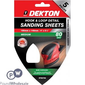 Dekton Hook & Loop Detail 80 Grit Sanding Sheets 100mm X 140mm 5 Pack