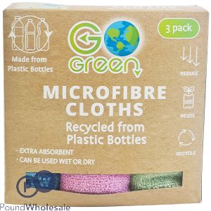 GO GREEN ASSORTED COLOUR RECYCLED MICROFIBRE CLOTHS 3 PACK