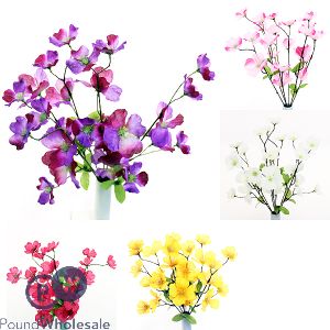 Cherry Blossom Bush Artificial Flower Stems 6pc Assorted Colours