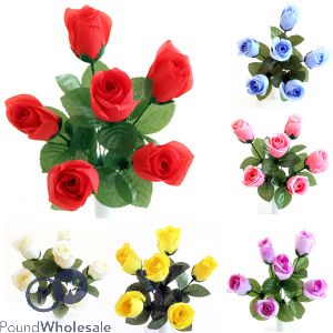 Rose Bud Bush Artificial Flower Stems 6pc Assorted Colours