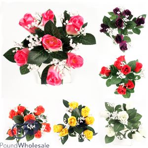 Rose Bud Bush With Gypsophila Artificial Flowers Assorted Colours