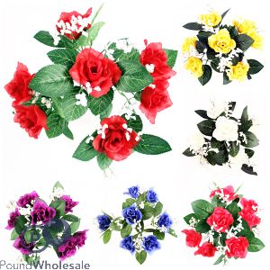 Open Rose Bush Artificial Flowers Assorted Colours