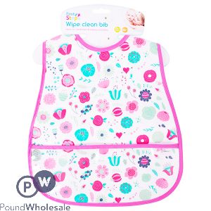 FIRST STEPS PEVA FLORAL WIPE CLEAN BIB WITH POCKET 28CM X 45CM