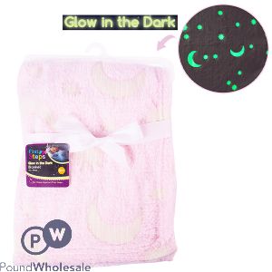 FIRST STEPS GLOW IN THE DARK BABY BLANKET PINK 70CM X 90CM