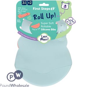 First Steps Assorted Colour Roll Up Silicone Baby Bibs 2 Pack