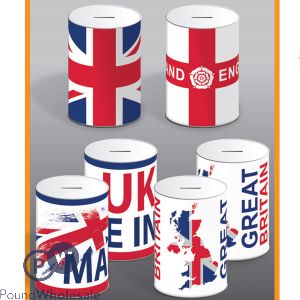 UNION JACK &amp; ST GEORGES FLAG ASSORTED MONEY TINS 150MM X 100MM