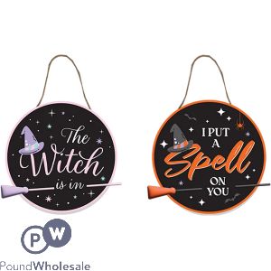 Halloween Hanging Broomstick Witch Plaque 27cm Assorted Colours