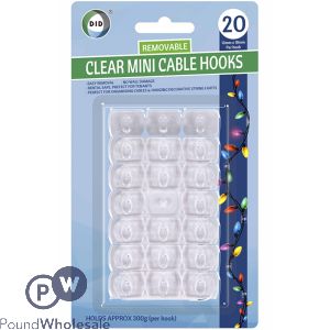 DID 13mm X 18mm Self-Adhesive Removable Clear Mini Cable Hooks 20 Pack