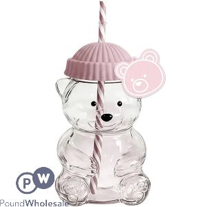 Cooke & Miller Plastic Pink Bear Drinking Cup With Straw 500ml