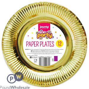 JAUNTY PARTYWARE TIME TO PARTY GOLD PAPER PLATES 9&quot; 12 PACK