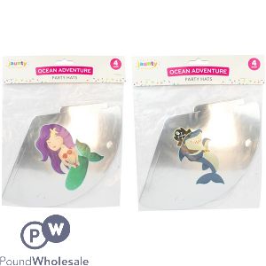 Jaunty 6" Ocean Adventure Shark & Mermaid Metallic Silver Party Hats 4 Pack Assorted