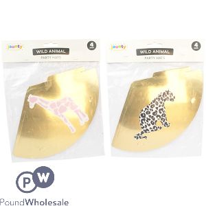Jaunty 6" Metallic Gold Wild Animal Leopard & Giraffe Party Hats 4 Pack Assorted
