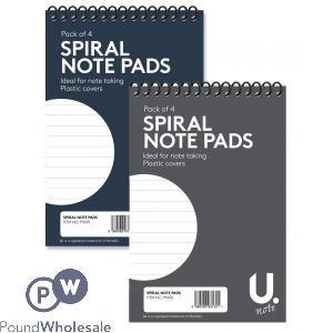 U. Spiral Note Pads 2 Assorted Colours 6" X 4" 4 Pack