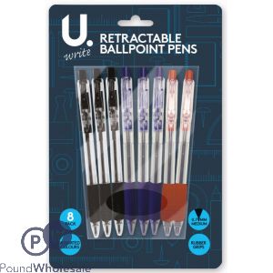 U. Retractable Ballpoint Pens Assorted Colours 8 Pack