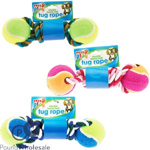 PETS PLAY DOUBLE TENNIS BALL TUG ROPE DOG TOY ASSORTED COLOURS