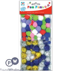 KIDS CREATE POM POMS ASSORTED SIZES, GLITTER &amp; COLOURED