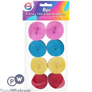 DID Crepe Streamers Assorted Colours 2.5cm X 10m 8pc