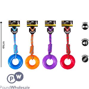 Smart Choice Squeaky Rubber Ring &amp; Rope Dog Toy 44cm Assorted Colours