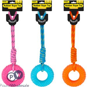 Smart Choice Squeaky Rubber Ring &amp; Rope Dog Toy 44cm Assorted Colours