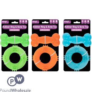 Smart Choice Strong Rubber Ring &amp; Bone Dog Toy 2pc Assorted Colours