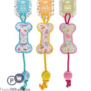 Smart Choice Squeaky Plush Bone Ball & Rope Dog Toy 55cm Assorted