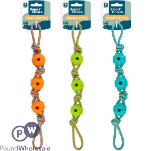 Smart Choice Rubber & Knotted Rope Pull Dog Toy 47cm Assorted Colours