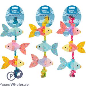 Smart Choice Squeaky Plush Fish On Rope Tug &amp; Pull Dog Toy 39cm Assorted Colours