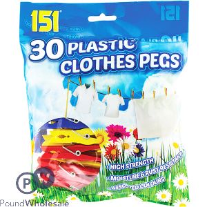151 ASSORTED COLOUR PLASTIC CLOTHES PEGS 30 PACK