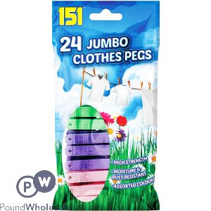 151 Assorted Colour Jumbo Plastic Clothes Pegs 24 Pack