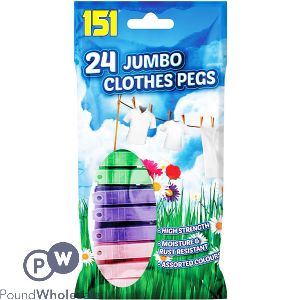 151 ASSORTED COLOUR JUMBO PLASTIC CLOTHES PEGS 24 PACK