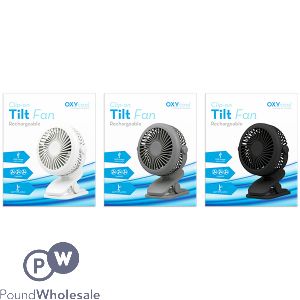 OXYCOOL CLIP-ON TILT RECHARGEABLE FAN ASSORTED COLOURS