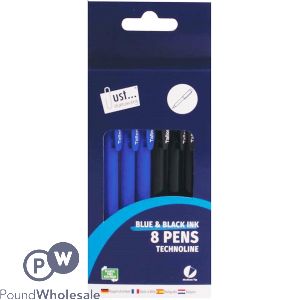 JUST STATIONERY TECHNOLINE BLACK &amp; BLUE INK PENS 8 PACK