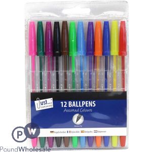JUST STATIONERY MULTICOLOURED BALLPOINT PENS 12 PACK