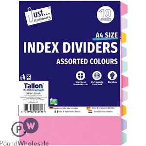 Just Stationery A4 Assorted Colour Index Dividers 10 Pack