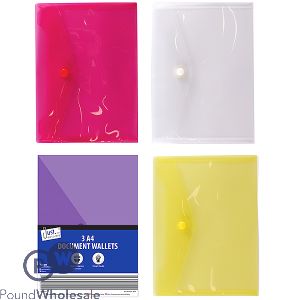 JUST STATIONERY A4 DOCUMENT STUD WALLETS 3 PACK ASSORTED COLOURS